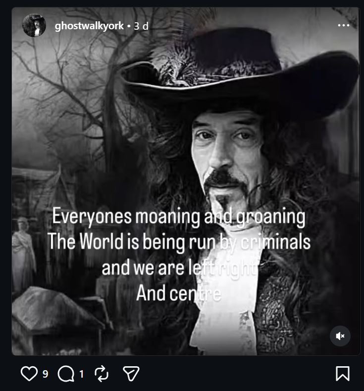 Trevor Rooney instagram post with the text "Everyone's moaning and groaning. The World is being run by criminals and we are left right and centre" overlaid out of a greyscale picture of his face